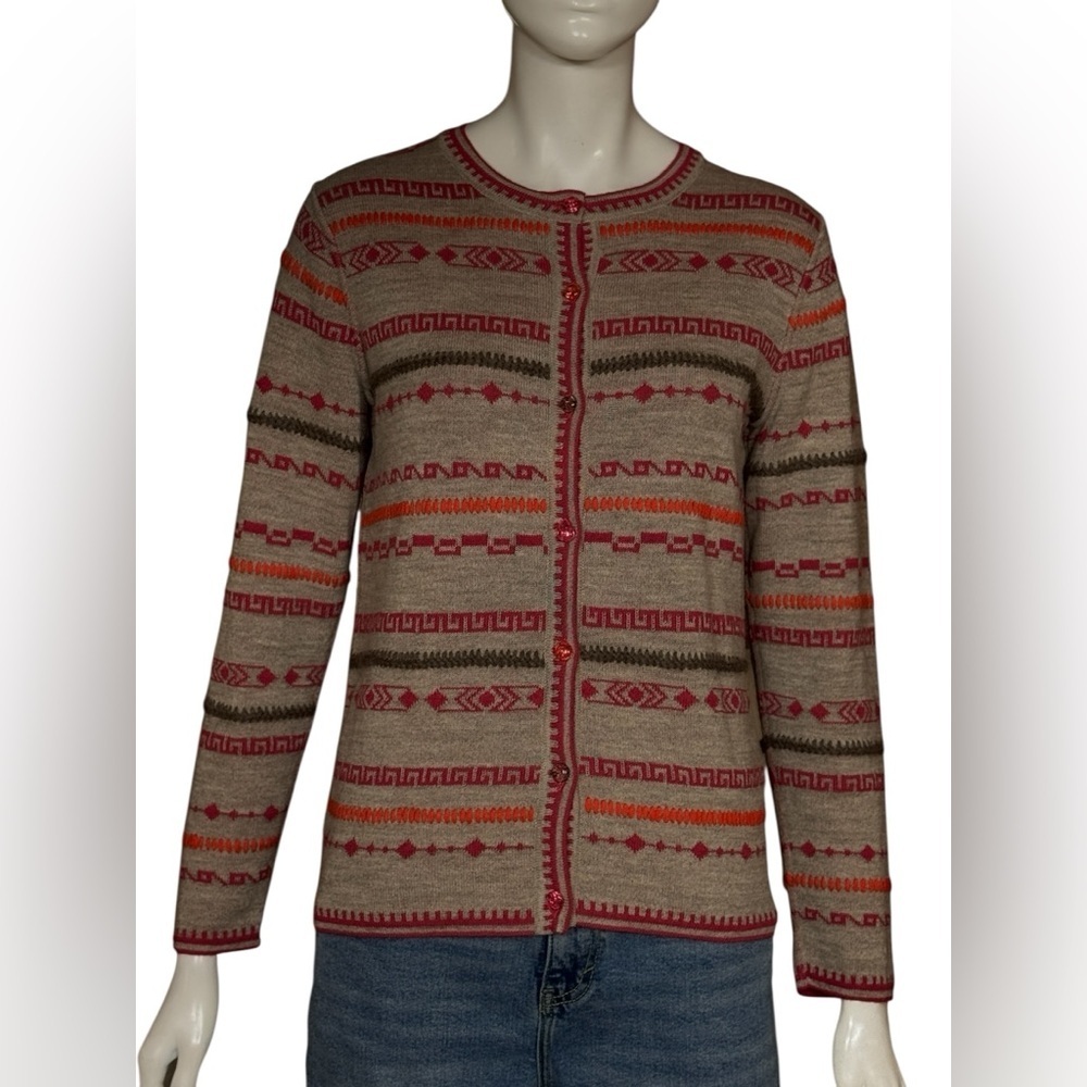 Unbranded Retro Whimsical Geometric Pattern Women's Cardigan - Red and Brown